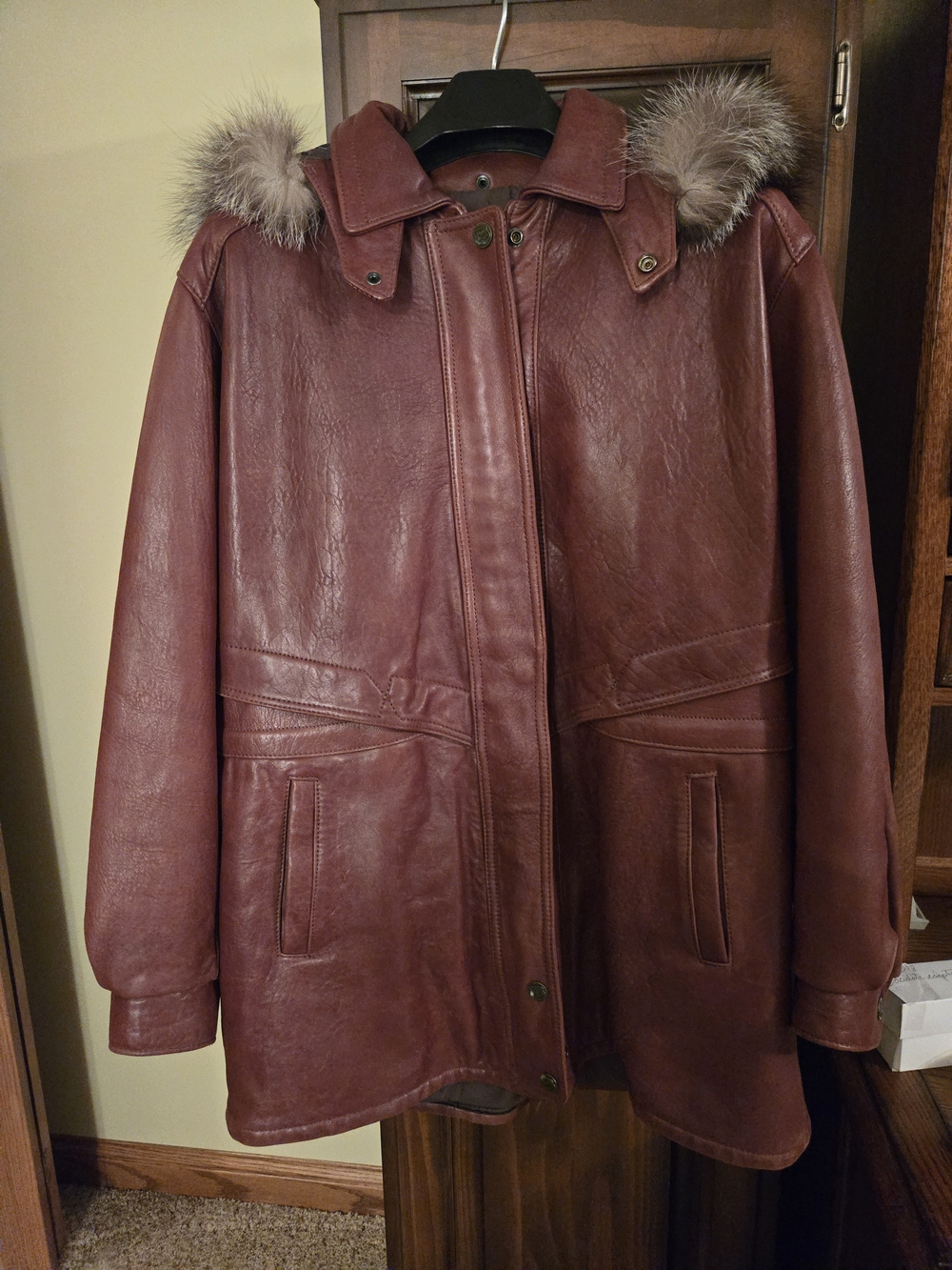 Women's Brown/Burgundy Leather Parka with Fur Trim